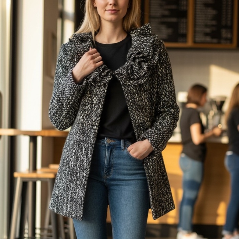 Tahari Black and White Textured Coat with Ruffle Collar NWOT